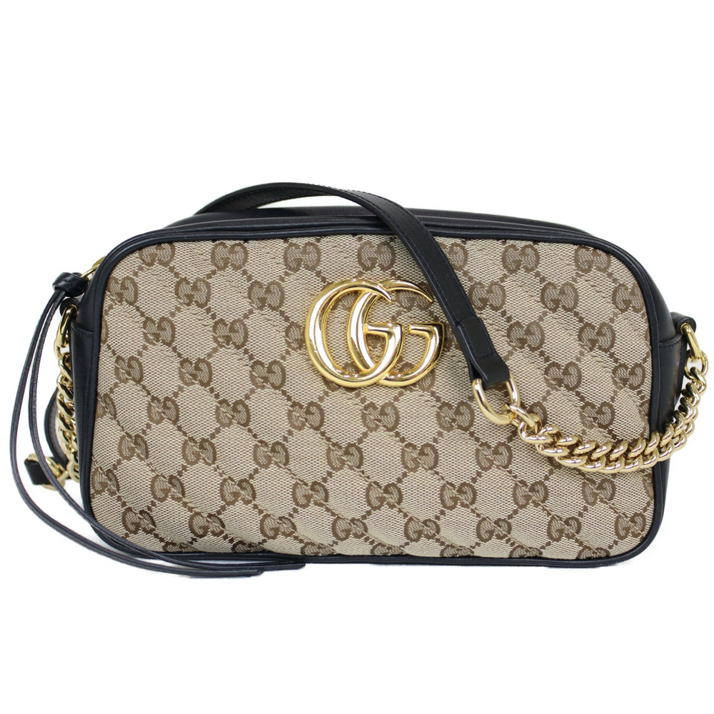 GUCCI Chain Shoulder Bag Canvas Leather Black Beige Odor